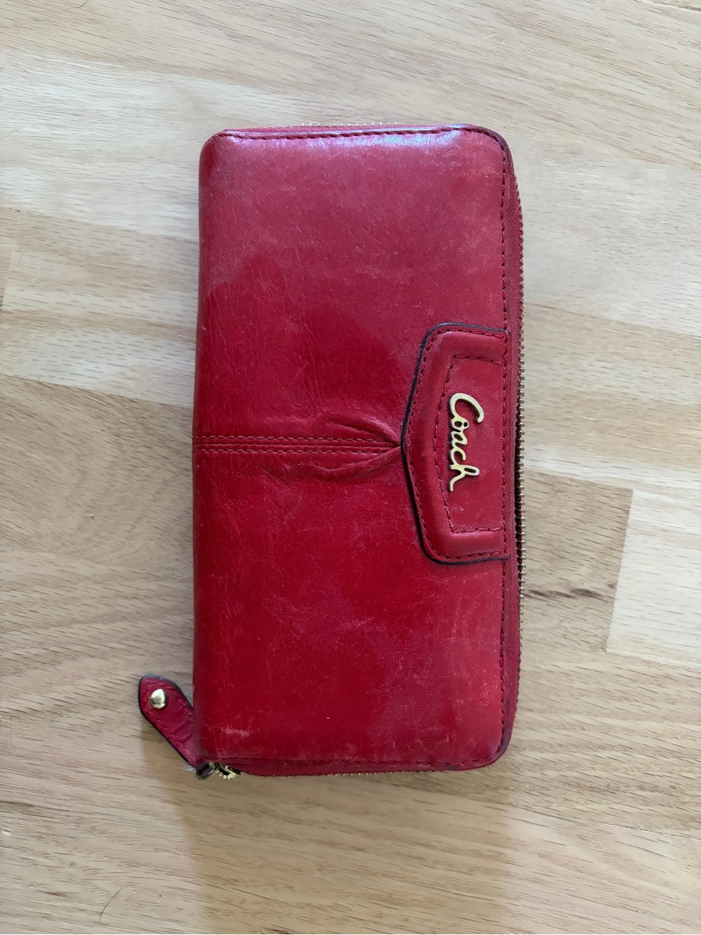 Coach Red Leather Zip Wallet with Logo Plaque